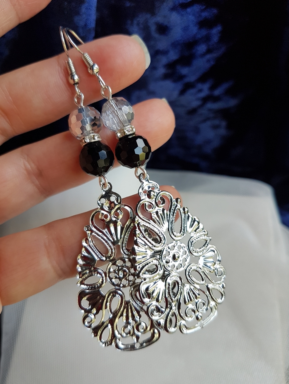Swarovski Elements Round Black & Silver Crystal Filigree Earrings Handmade NEW